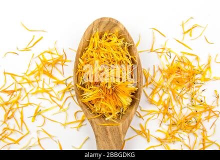 DriedCalendula officinalis, il marigold del POT, le rudddles, il marigold comune o marigold dello Scotch fiorisce su cucchiaio di legno su sfondo bianco. Vista dall'alto. Foto Stock