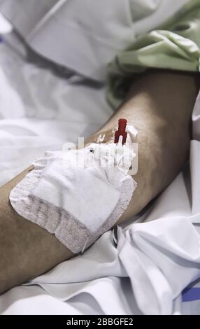 Via endovenosa nel braccio di un paziente ospedaliero, salute e medicina Foto Stock