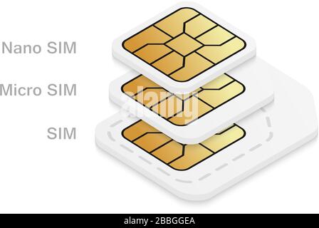 Diverse dimensioni della scheda sim mobile. Scheda telefonica standard, micro e nano. Illustrazione Vettoriale