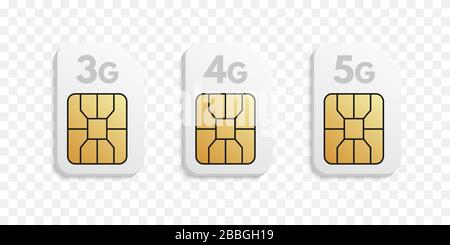 Set di tipi di schede SIM 3G, 4G, 5G. Schede telefoniche vuote realistiche con tecnologia wireless di varie generazioni Illustrazione Vettoriale
