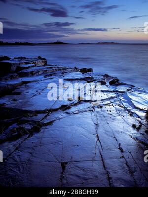 Isole del canale. Guernsey. Vista sulla costa con strati rocciosi piani e distante promontorio di Fort Saumarez. Foto Stock