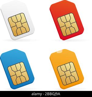 Set di schede SIM colorate realistiche. Scheda sim del telefono cellulare. Illustrazione Vettoriale