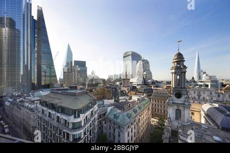 Vista aerea del City cluster. 52 Lime Street - The Scalpel, Londra, Regno Unito. Architetto: Kohn Pedersen Fox Associates (KPF), 2018. Foto Stock