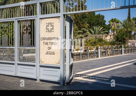 L'ingresso al sito biblico di Cafarnao, Galilea, Israele, Medio Oriente. Foto Stock