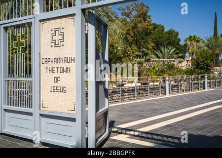 L'ingresso al sito biblico di Cafarnao, Galilea, Israele, Medio Oriente. Foto Stock