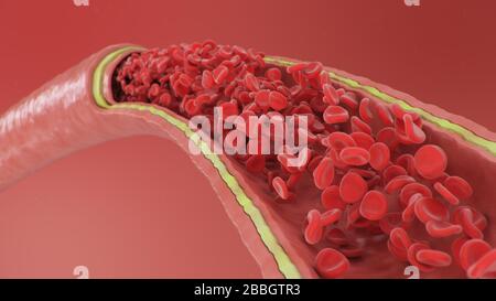 3d illustrazione dei globuli rossi all'interno di un'arteria, vena. Flusso sanguigno arterioso sano in sezione trasversale. Concetto microbiologico scientifico e medico Foto Stock