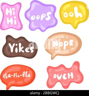 Collezione di adesivi policromi vettoriali lucidi su sfondo bianco. Cultura milleniale dell'adolescenza. Set di adesivi su diverse forme. Espressione fresca Illustrazione Vettoriale