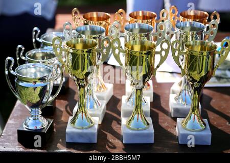 Coppe d'oro per i vincitori dello sport equestre come sfondo evento cavallo Foto Stock