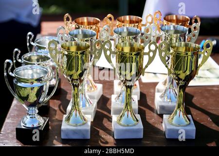 Coppe d'oro per i vincitori dello sport equestre come sfondo evento cavallo Foto Stock