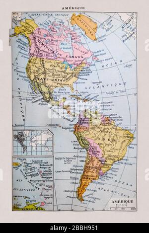 Vecchia mappa delle Americhe stampata nel dizionario francese 'Dictionnaire complet Illustrator' dal curatore Larousse nel 1889. Raffigura le Americhe nel Th Foto Stock