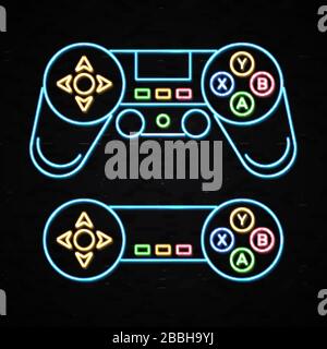 Neon segno di gioco impostato su sfondo nero muro di mattoni. Icone dei cursori con freccia blu. Stile di gioco al neon retro 80s. Chiave del controller con direzione trasversale attivata Illustrazione Vettoriale