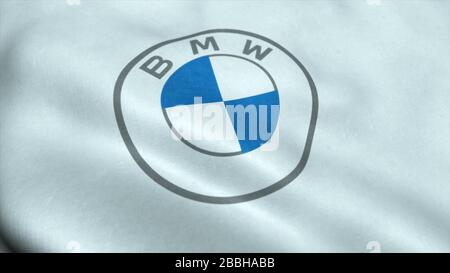 RUSSIA, MOSCA, MARZO 2020: Bandiera con logo BMW, primo piano. Rendering 3d editoriale concettuale. Foto Stock