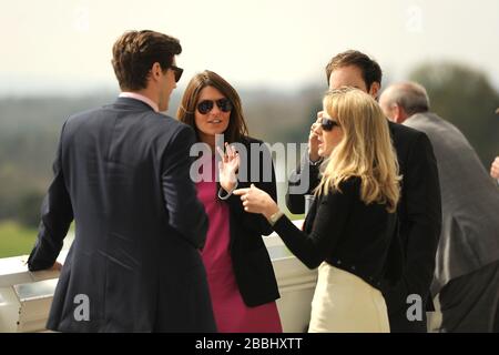 Racegoers goditi l'azione all'ippodromo di Epsom Downs Foto Stock