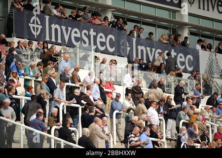 Racegatori guardare l'azione dal grandstand Foto Stock