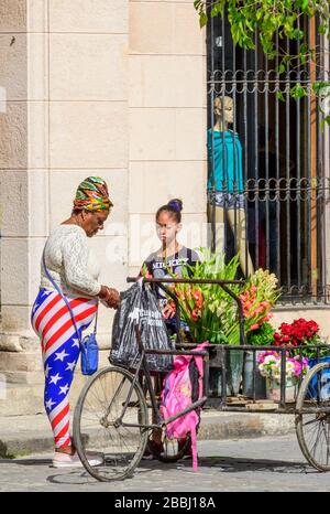 Donna che vende fiori negli Stati Uniti modello pantaloni stretch, Havana Vieja, Cuba Foto Stock