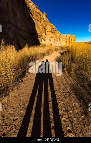 Ombre del fotografo e del suo coniuge lungo il sentiero nei pressi di Pueblo Bonito nel Chaco Culture National Historical Park, New Mexico, USA Foto Stock