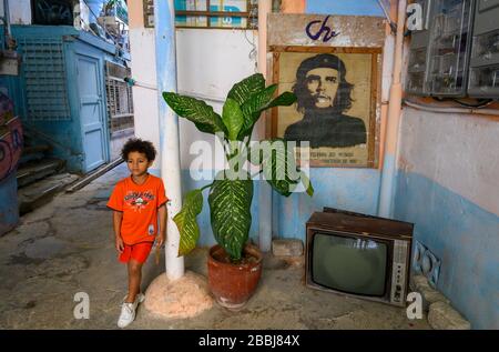 Bambino in casa di artisti, Havana Vieja, Cuba Foto Stock