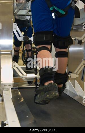 Vista parziale di un uomo in terapia fisica su una macchina che aiuta le gambe paralizzate a camminare Foto Stock