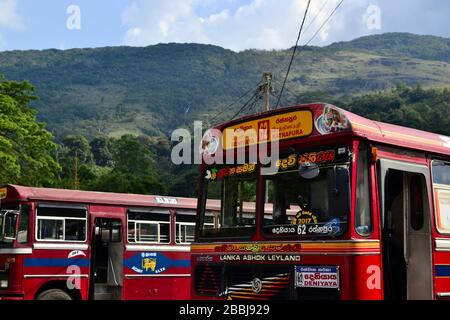 Sri Lanka - Marzo 2017: Autobus rossi su una stazione degli autobus sullo sfondo delle montagne. Ashok Leyland veicolo indiano Foto Stock