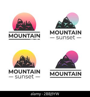 Illustrazione del vettore tramonto in montagna. Silhouette di montagne rocciose con sole che si innalza per il design delle icone del logo. Attività all'aperto, viaggi nelle alpi, campeggio, escursioni sui modelli di badge del monte. Illustrazione Vettoriale