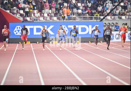 Noah Lyles (Gold, USA), Alex Quiñonez (Bronze, Ecuador), Andre de Grasse (Silver, Canada). 200 metri di finale. Doha 2019 Foto Stock