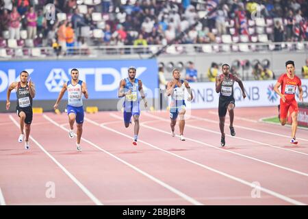 Noah Lyles (Gold, USA), Alex Quiñonez (Bronze, Ecuador), Andre de Grasse (Silver, Canada). 200 metri di finale. Doha 2019 Foto Stock