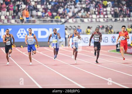 Noah Lyles (Gold, USA), Alex Quiñonez (Bronze, Ecuador), Andre de Grasse (Silver, Canada). 200 metri di finale. Doha 2019 Foto Stock