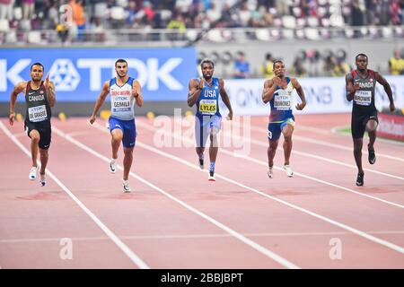 Noah Lyles (Gold, USA), Alex Quiñonez (Bronze, Ecuador), Andre de Grasse (Silver, Canada). 200 metri di finale. Doha 2019 Foto Stock