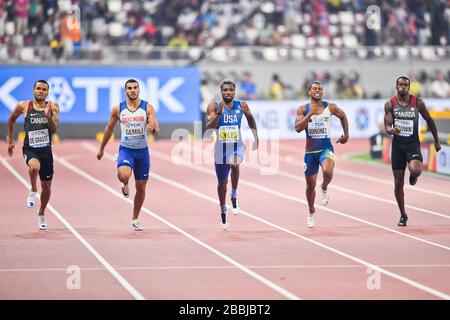 Noah Lyles (Gold, USA), Alex Quiñonez (Bronze, Ecuador), Andre de Grasse (Silver, Canada). 200 metri di finale. Doha 2019 Foto Stock