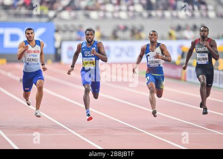 Noah Lyles (Gold, USA), Alex Quiñonez (Bronze, Ecuador) Adam Gemili (Gran Bretagna), Aaron Brown (Canada). 200 metri di finale. Doha 2019 Foto Stock