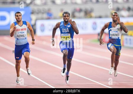 Noah Lyles (Gold, USA), Alex Quiñonez (Bronze, Ecuador), Adam Gemili (Gran Bretagna). 200 metri di finale. Doha 2019 Foto Stock