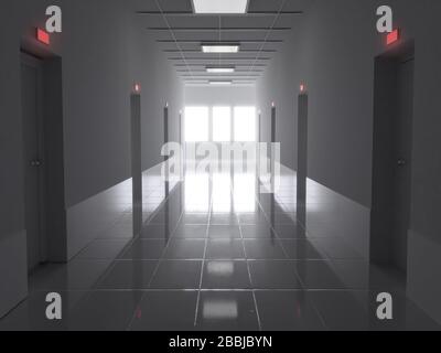 3d rendering di corridoio scuro con ambienti occupati e luce brillante alla fine Foto Stock