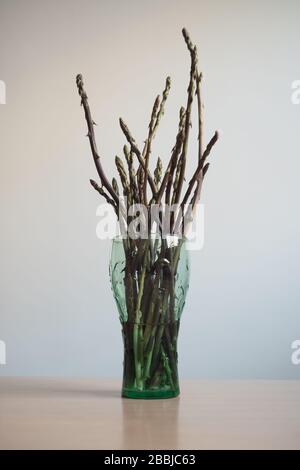 Un bouquet di asparagi selvatici che si erge in un bicchiere su un tavolo di legno Foto Stock