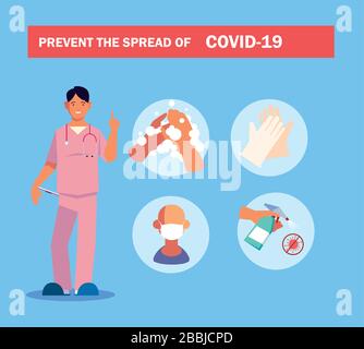 Il medico spiega Infographics come prevenire la diffusione di covid 19 disegno vettoriale di illustrazione Illustrazione Vettoriale