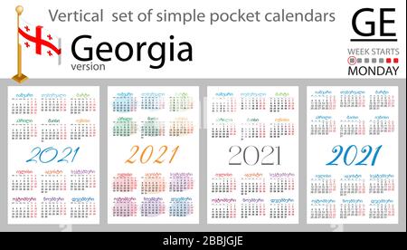 Calendario verticale della Georgia per il 2020 (duemila ventuno). La settimana inizia lunedì. Nuovo anno. Design semplice a colori. Vettore Illustrazione Vettoriale