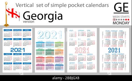 Calendario verticale della Georgia per il 2020 (duemila ventuno). La settimana inizia lunedì. Nuovo anno. Design semplice a colori. Vettore Illustrazione Vettoriale