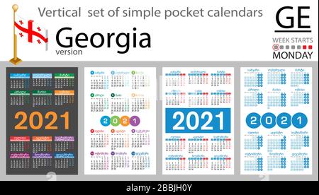 Calendario verticale della Georgia per il 2020 (duemila ventuno). La settimana inizia lunedì. Nuovo anno. Design semplice a colori. Vettore Illustrazione Vettoriale