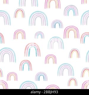 Astratto bambini acquerello arcobaleno senza cuciture motivo, clipart con dipinti a mano colore pastello boho arcobaleni. Illustrazione di arte del vivaio in scandinavi trendy Foto Stock