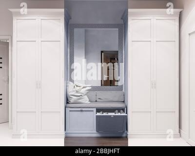 design degli interni della sala di rendering 3d in stile classico. 3d illustrazione il corridoio è di colore grigio e blu Foto Stock