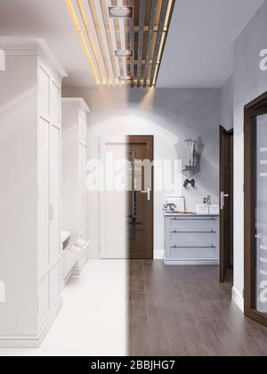 design degli interni della sala di rendering 3d in stile classico. 3d illustrazione il corridoio è di colore grigio e blu Foto Stock