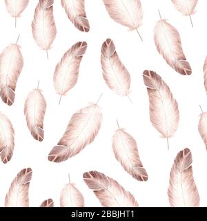 Piume acquerello fatte a mano motivo senza cuciture su sfondo bianco. Carino teneramente illustrazione. Foto Stock
