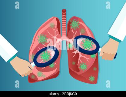 Vettore di mani del medico con lente di ingrandimento che analizza coronavirus ha colpito i polmoni Illustrazione Vettoriale