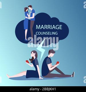 Vettore di una giovane coppia che passa attraverso momenti difficili nel bisogno di consulenza matrimoniale Illustrazione Vettoriale