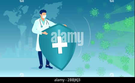 Vettore di un medico che indossa la maschera facciale combattere l'infezione da Coronavirus Illustrazione Vettoriale