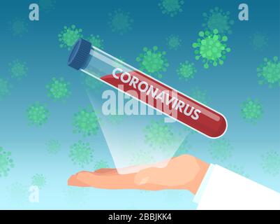 Vettore di una provetta per test di infermiere o di un medico con campione di sangue per test di coronavirus. Illustrazione Vettoriale