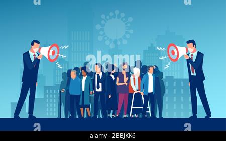 Vettore di due politici che indossano maschere facciali che fanno un annuncio ad una grande folla di persone Illustrazione Vettoriale