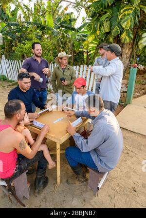 Cowboys giocando domino dopo lavoro , Vinales, Pinar del Rio Provincia, Cuba Foto Stock