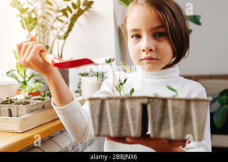 Bambina che posa per una foto con una piantina e pala da giardinaggio in mano Foto Stock