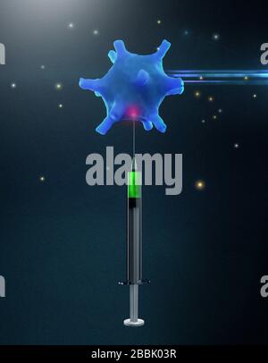 Vaccino verde iniettato a Blue Virus. Concetto di rendering 3D Foto Stock