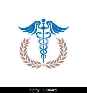 Salute medica Caduceus simbolo del serpente e del logo di Asclepius con l'icona del riso ricco Illustrazione Vettoriale